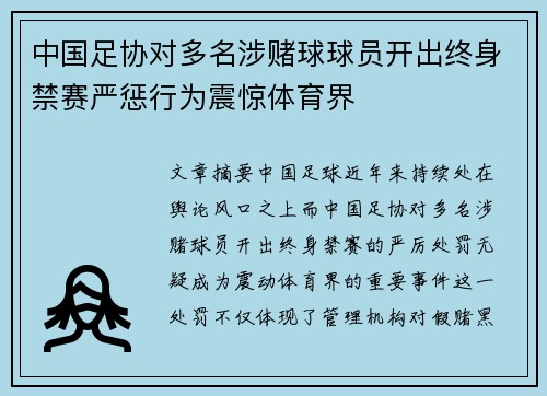 中国足协对多名涉赌球球员开出终身禁赛严惩行为震惊体育界