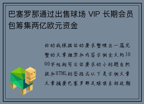 巴塞罗那通过出售球场 VIP 长期会员包筹集两亿欧元资金 巴塞罗那通过出售球场 VIP 长期会员包筹集两亿欧元资金